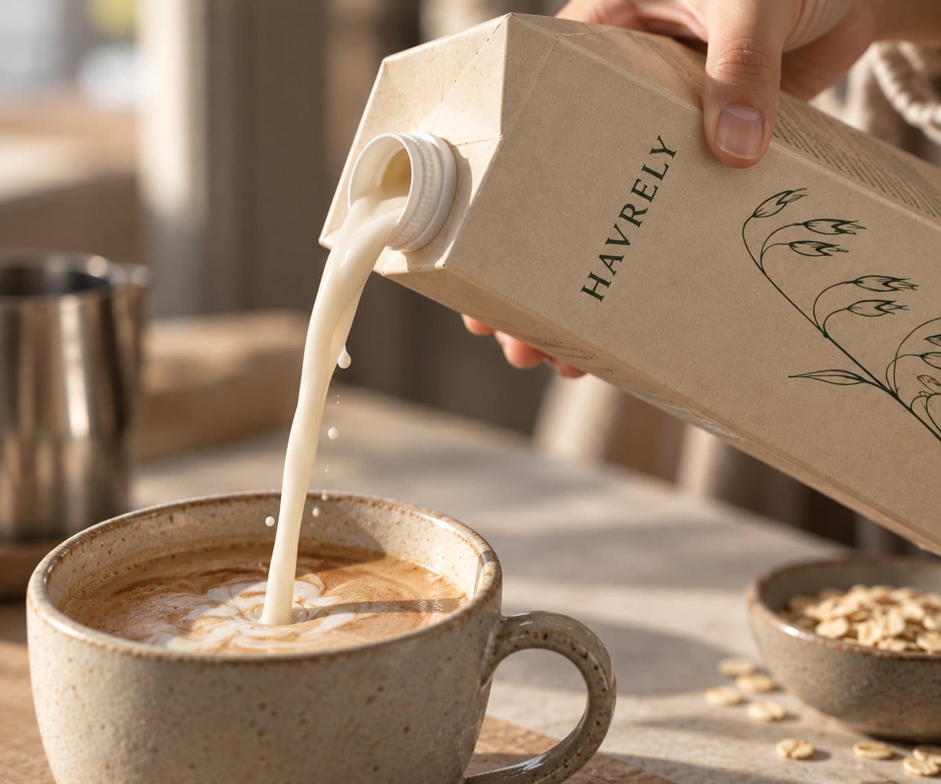 Havrely Barista poured from the carton into a latte
