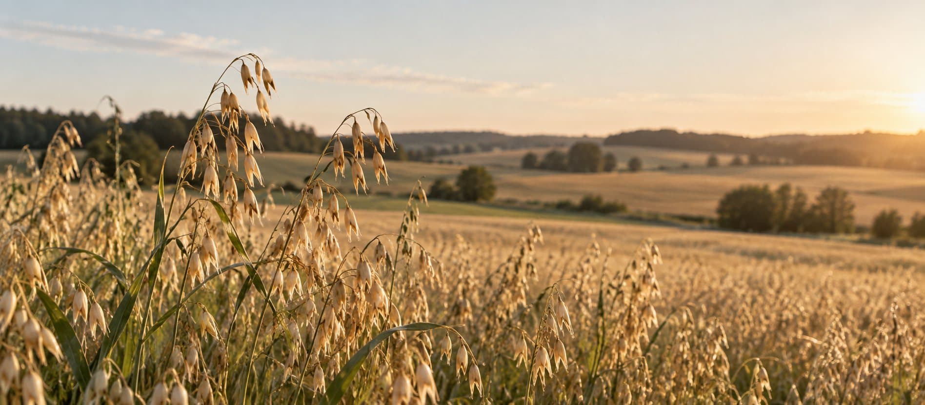 An oat field in late summer, low sun over rolling farmland