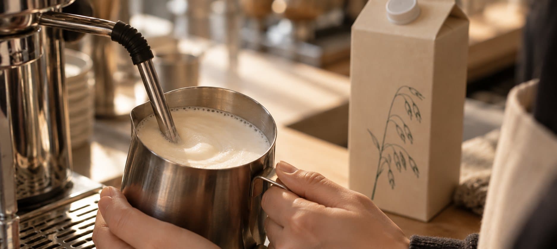 A barista steaming Havrely Barista in a stainless pitcher