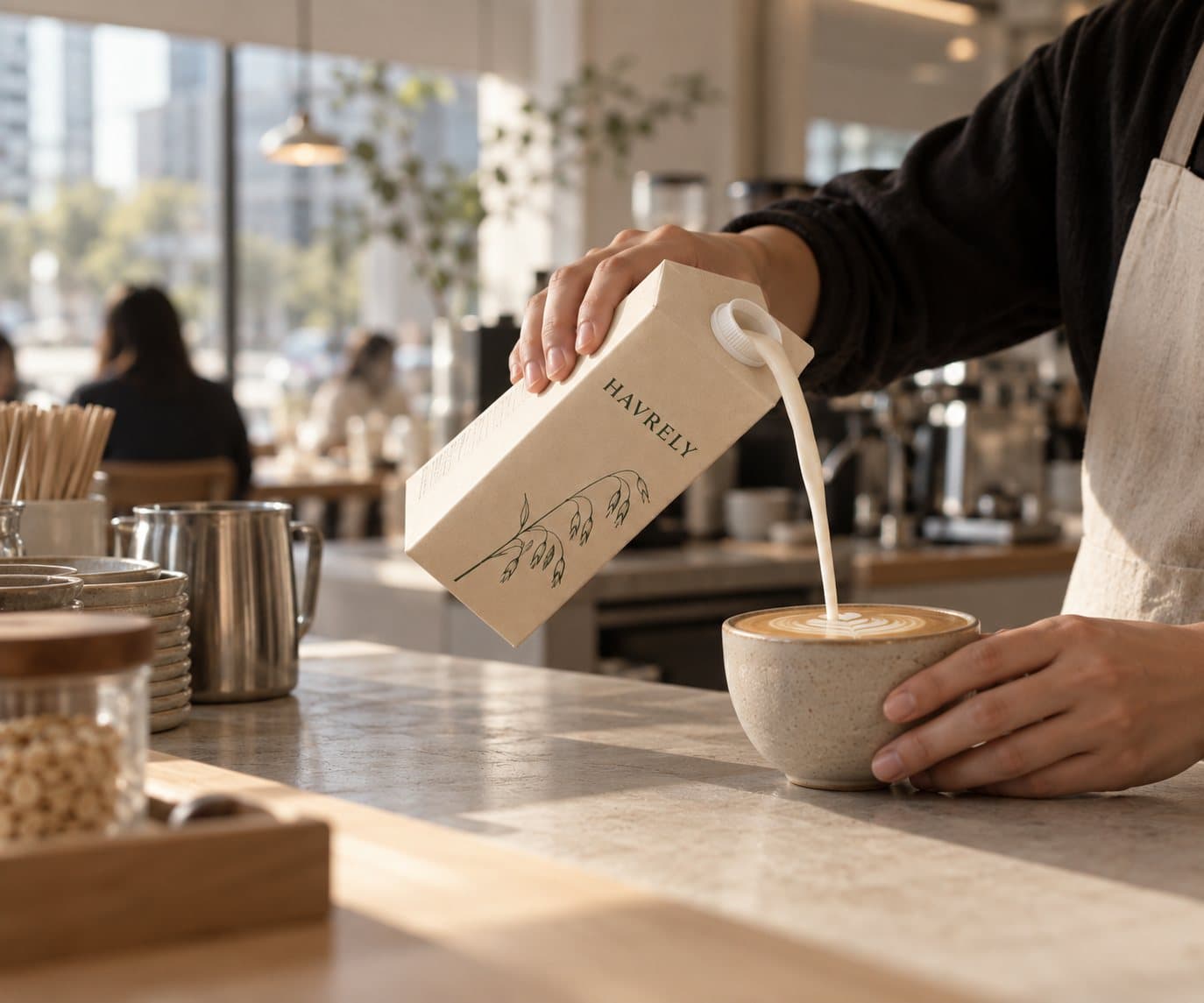 A barista pouring Havrely into a latte at a café counter