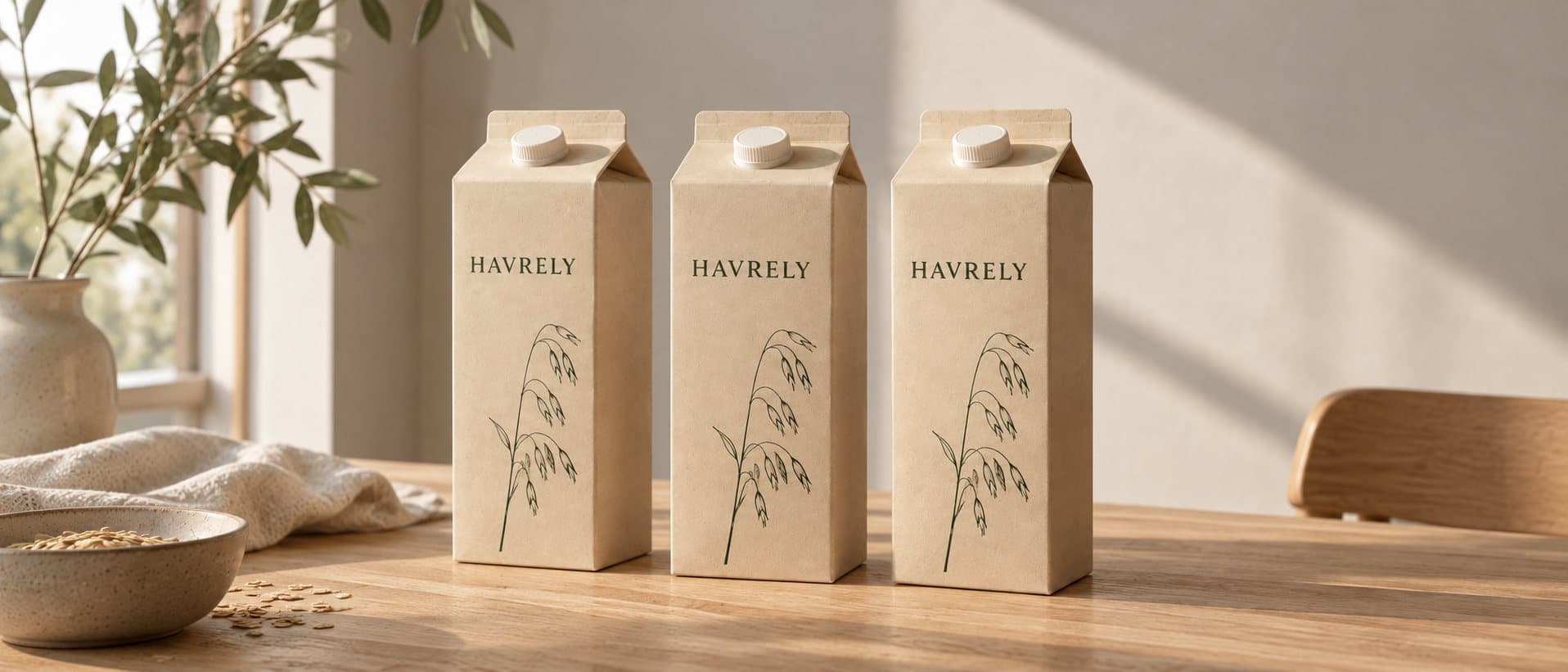 Three Havrely cartons side by side on an oak table