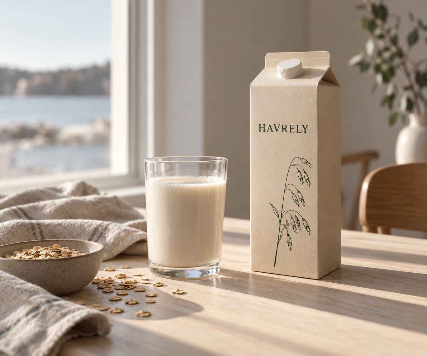 A Havrely carton beside a glass of oat drink on a sunlit wooden table